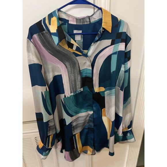 Chico's Tops - Chicos Woman’s XL 16/18 Abstract Print Button Front Long Sleeve Top Tunic Art